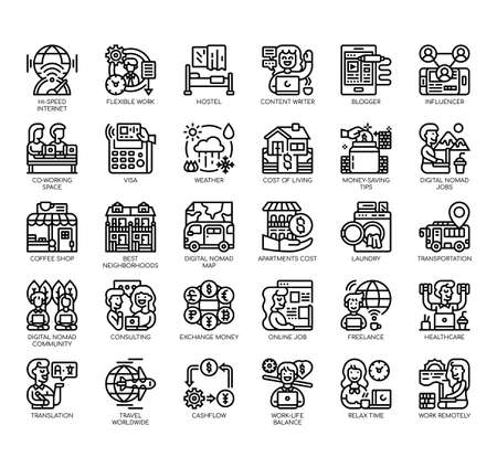 Set of digital nomad thin line and pixel perfect icons for any web and app project.のイラスト素材