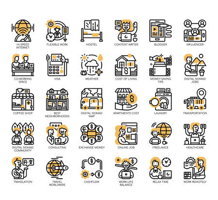 Set of digital nomad thin line and pixel perfect icons for any web and app project.のイラスト素材