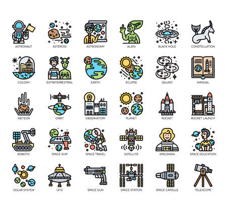 Set of astronautics thin line and pixel perfect icons for any web and app project.のイラスト素材