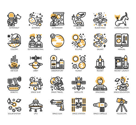 Set of astronautics thin line and pixel perfect icons for any web and app project.のイラスト素材