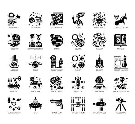 Set of astronautics thin line and pixel perfect icons for any web and app project.のイラスト素材