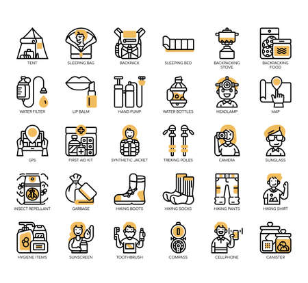 Set of backpacker thin line and pixel perfect icons for any web and app project.のイラスト素材