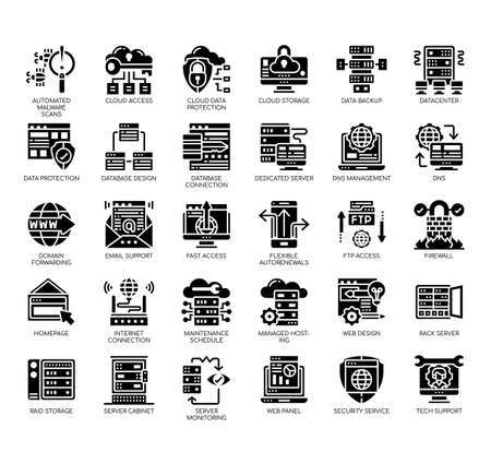 Set of web hosting thin line and pixel perfect icons for any web and app project.のイラスト素材