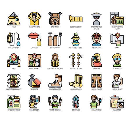 Set of backpacker thin line and pixel perfect icons for any web and app project.のイラスト素材