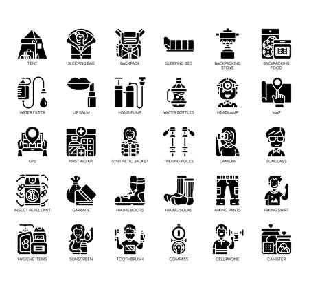 Set of backpacker thin line and pixel perfect icons for any web and app project.のイラスト素材