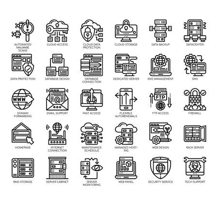 Set of web hosting thin line and pixel perfect icons for any web and app project.のイラスト素材