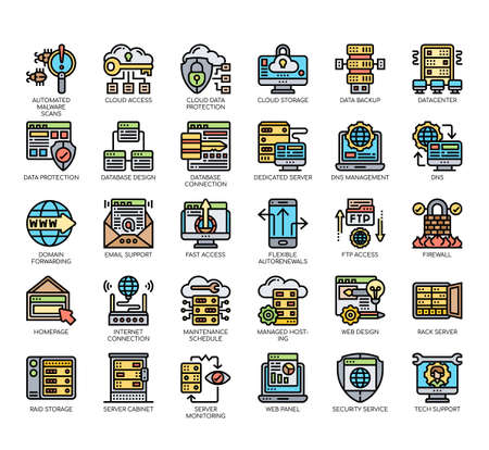 Set of web hosting thin line and pixel perfect icons for any web and app project.のイラスト素材