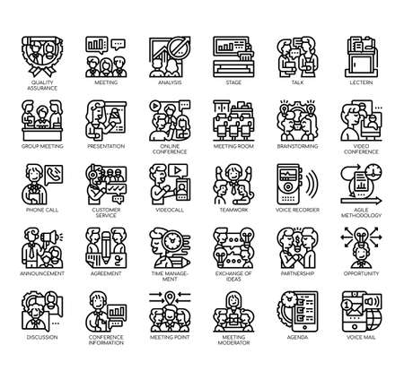 Set of meeting and conference thin line and pixel perfect icons for any web and app project.のイラスト素材