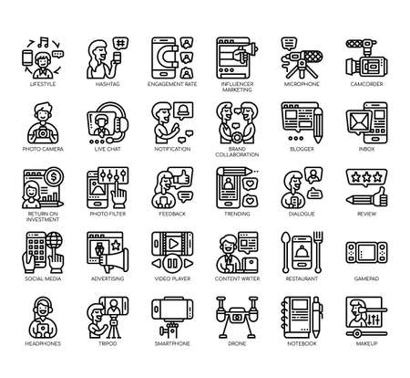 Set of blogger and influencer thin line and pixel perfect icons for any web and app project.のイラスト素材