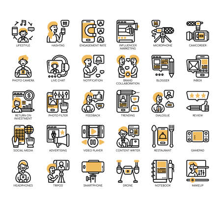 Set of blogger and influencer thin line and pixel perfect icons for any web and app project.のイラスト素材