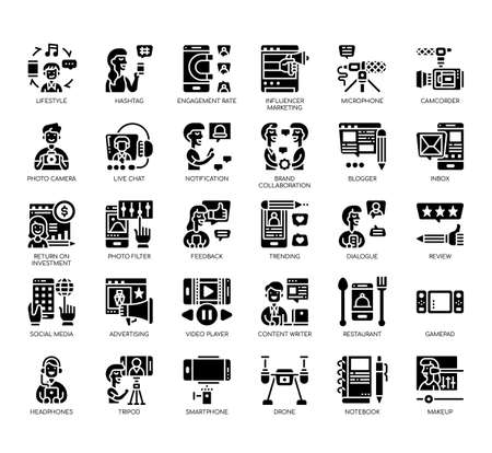 Set of blogger and influencer thin line and pixel perfect icons for any web and app project.のイラスト素材