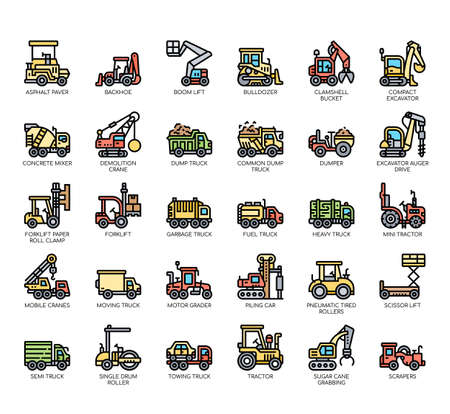 Set of construction vehicle thin line and pixel perfect icons for any web and app project.のイラスト素材