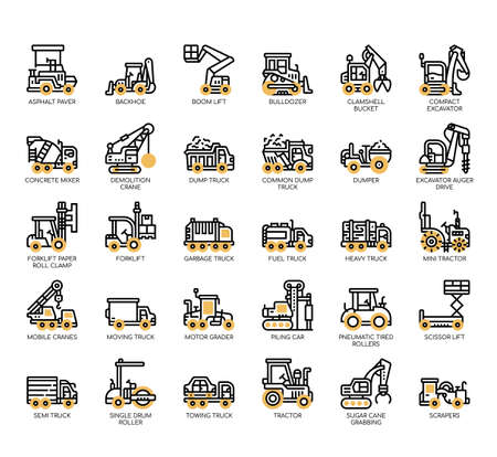 Set of construction vehicle thin line and pixel perfect icons for any web and app project.のイラスト素材