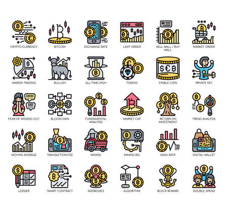 Set of cryptocurrency thin line and pixel perfect icons for any web and app project.のイラスト素材