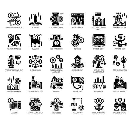 Set of cryptocurrency thin line and pixel perfect icons for any web and app project.のイラスト素材