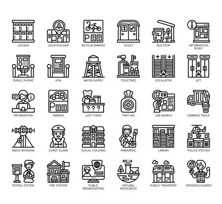 Set of public service thin line and pixel perfect icons for any web and app project.のイラスト素材