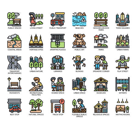 Set of Public spaces thin line icons for any web and app project.の写真素材