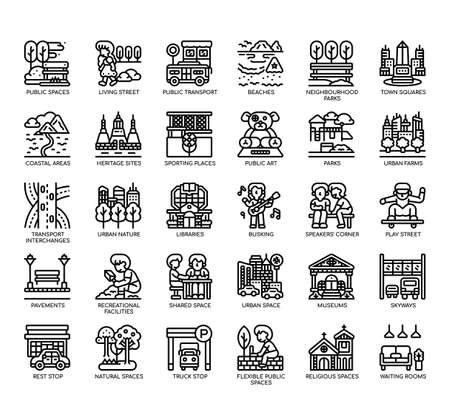 Set of Public spaces thin line icons for any web and app project.の写真素材