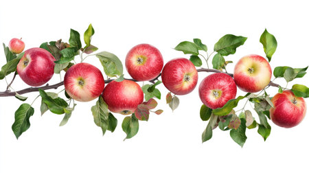 Close-up of fresh red apples and green foliage on a branch, isolated on white for a crisp and minimal presentationの素材