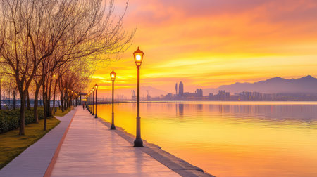 A quiet dawn moment with golden hues on a calm bay, city buildings and lamplit walkway reflecting soft tranquilityの素材