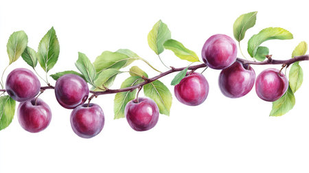 A branch of deep purple plums paired with vibrant leaves, symbolizing freshness and growth in a fertile orchardの素材