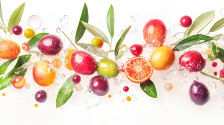 Fresh-picked olives with moisture beads, paired with vibrant leaves and shown on a white backgroundの素材