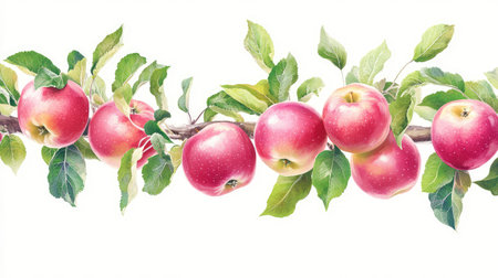 Branch of a healthy apple tree with glossy fruit and rich green leaves, floating cleanly on whiteの素材