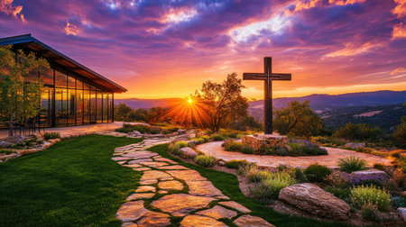 Dramatic evening light silhouettes a rustic cross, with sunset hues radiating behind it in peaceful contrastの素材