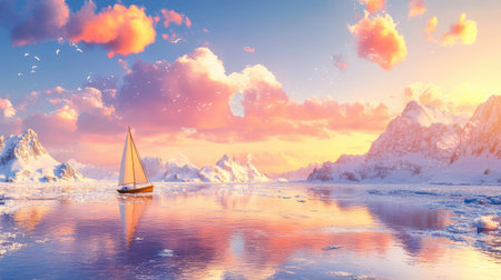 A dreamy seascape with frozen waters, glowing skies, and a sailboat drifting slowly at sunsetの素材