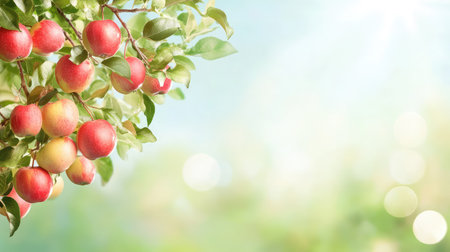 A beautifully rendered 3D apple tree full of ripe red apples, set against a calming soft green backgroundの素材