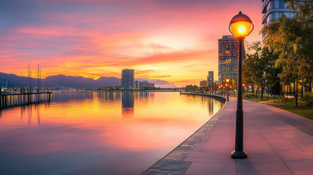 A quiet dawn moment with golden hues on a calm bay, city buildings and lamplit walkway reflecting soft tranquilityの素材