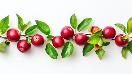 Isolated branch of red apples and fresh green leaves on white, ideal for seasonal, natural, or health themesの素材