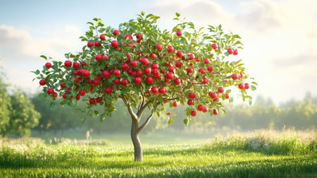 A detailed 3D model of a red apple-laden tree, set against a peaceful green background to emphasize nature richnessの素材