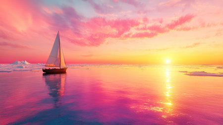 Horizon glows pink and orange over a frozen ocean, sailboat sails gently past a radiant, icy expanseの素材