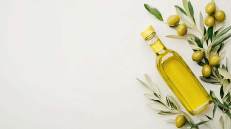 A fresh cluster of green olives with leaves next to a golden bottle of olive oil on a crisp white backgroundの素材
