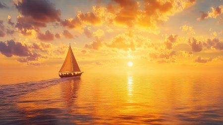 Frozen waves meet a golden sky, peaceful sunset with a sailboat on the shimmering icy seaの素材