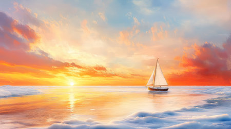 Frozen waves meet a golden sky, peaceful sunset with a sailboat on the shimmering icy seaの素材