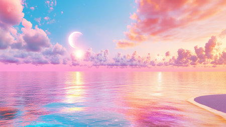 Serene ocean waters shimmer in the fading light, pink skies and a glowing moon offer pure tranquilityの素材