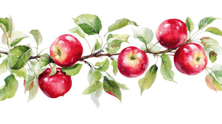 A branch of an apple tree featuring shiny red apples and crisp green leaves, isolated on white for a clean, natural lookの素材