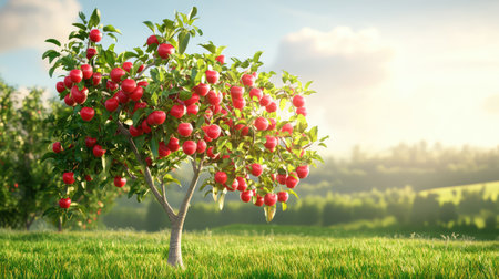 A detailed 3D model of a red apple-laden tree, set against a peaceful green background to emphasize nature richnessの素材