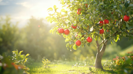 3D illustration of an apple tree with lush foliage and red apples, placed in a serene green environmentの素材
