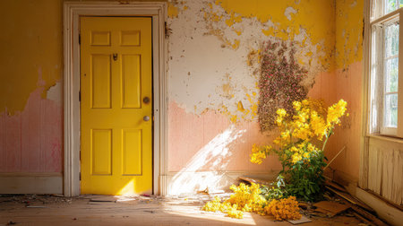 Moody image of a yellow door in a broken-down farmhouse, with scattered debris and flaking paint, nostalgic and hauntingの素材