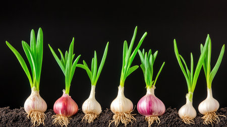 Nature cycle expressed through garlic bulbs sprouting green, emphasizing growth and edible roots in transitionの素材