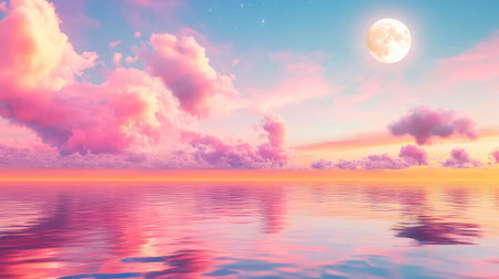 A still ocean bathed in soft pink sunset light, with a bright full moon enhancing the tranquil atmosphereの素材