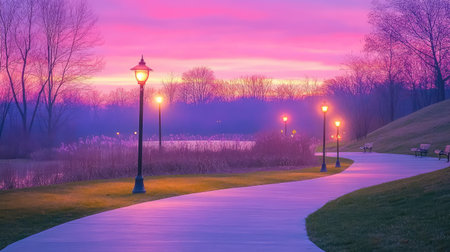 Serene park pathway illuminated by gentle LED lights, soft violet hues in the sky mark a peaceful twilightの素材