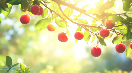 Juicy plums and crisp leaves on a sunlit branch, portraying a lush and well-maintained gardenの素材