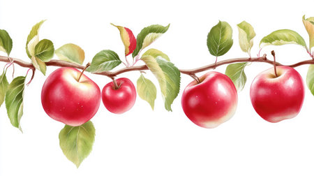 Red apples with smooth skins and healthy leaves on a branch, clearly defined on a pure white backgroundの素材