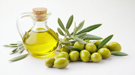 Vibrant green olives and a sleek oil bottle placed on a white surface, capturing freshness and eleganceの素材