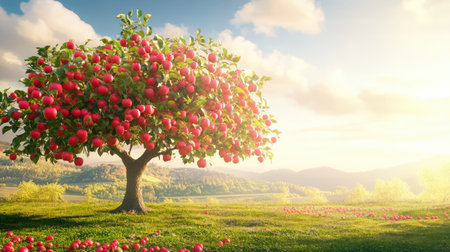 Realistic 3D render of an apple tree bursting with red apples, evoking freshness and orchard tranquilityの素材