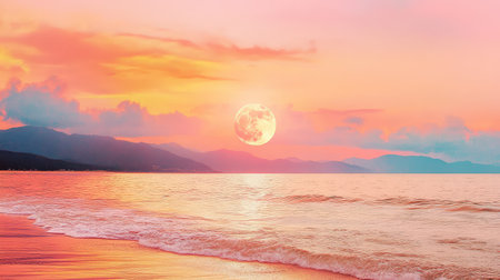 Gentle waves reflect soft pink hues at sunset, with a full moon rising over the calm ocean in a peaceful beach sceneの素材